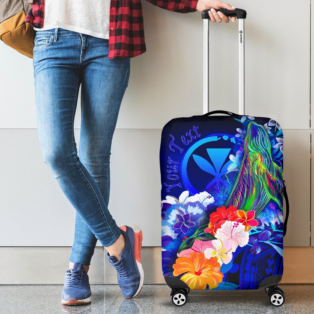 Polynesian Hawaii Custom Personalised Luggage Covers - Kanaka Maoli Humpback Whale with Tropical Flowers (Blue) Blue - Polynesian Pride