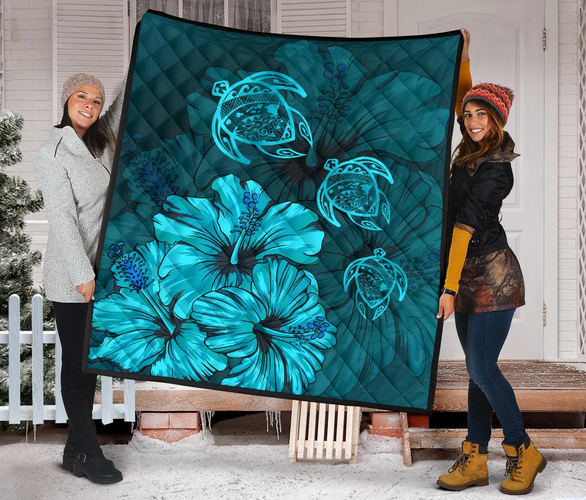 Hawaiian Map Hibiscus Turtle Vintage Polynesian Premium Quilt Turquoise - Polynesian Pride