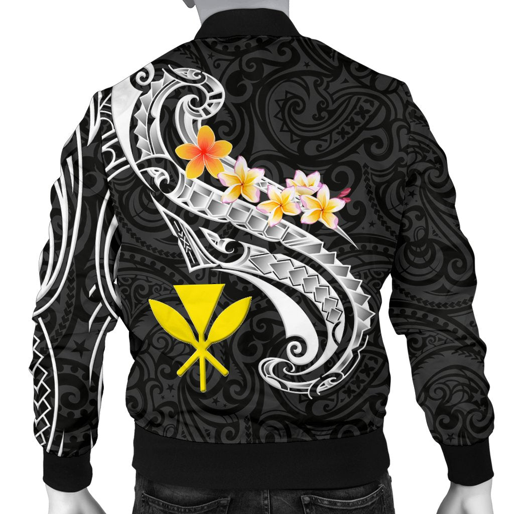 Hawaii Custom Personalised Men's Bomber Jacket - Kanaka Maoli Polynesian Patterns Plumeria (Black) - Polynesian Pride