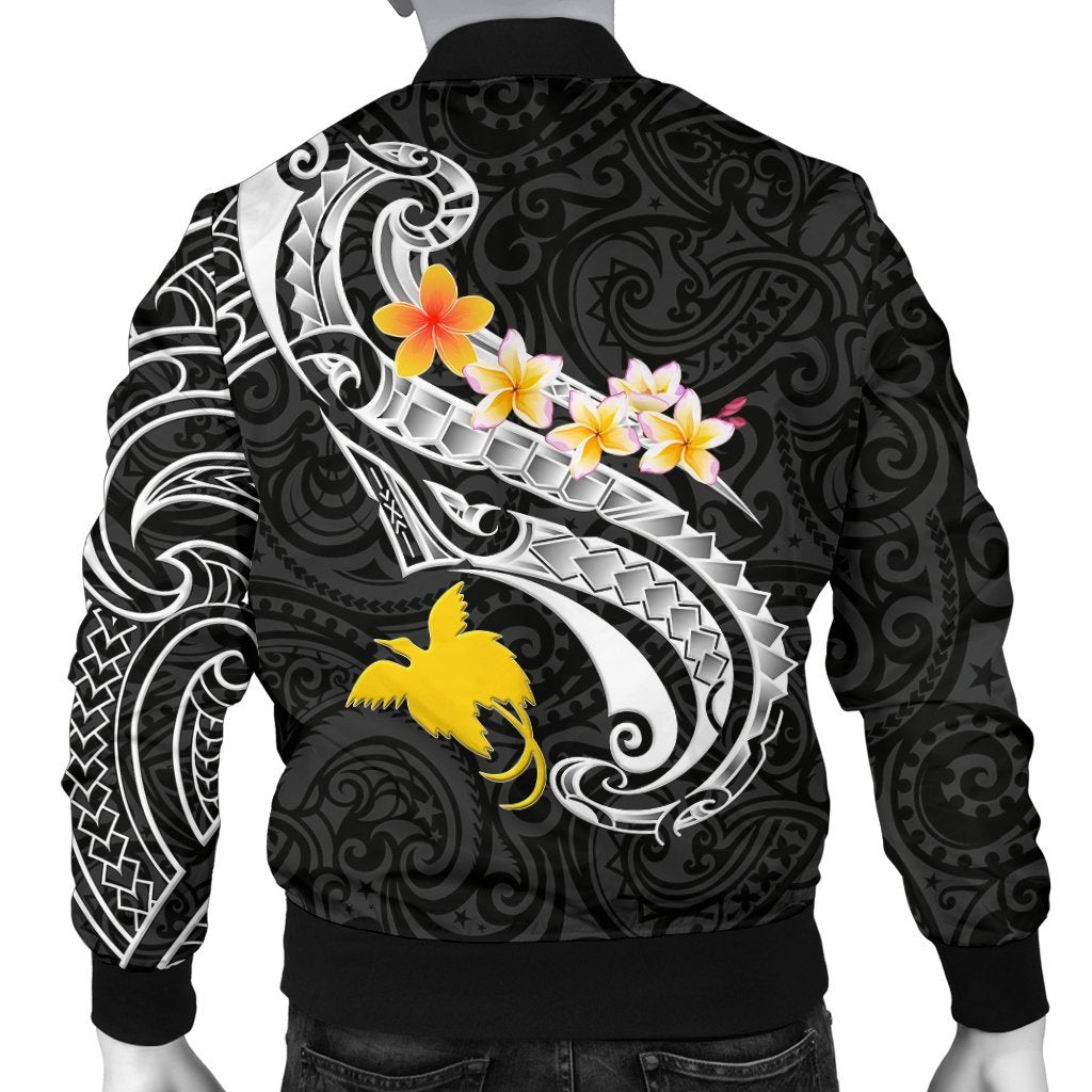 Papua New Guinea Men's Bomber Jacket - PNG Seal Polynesian Patterns Plumeria (Black) - Polynesian Pride
