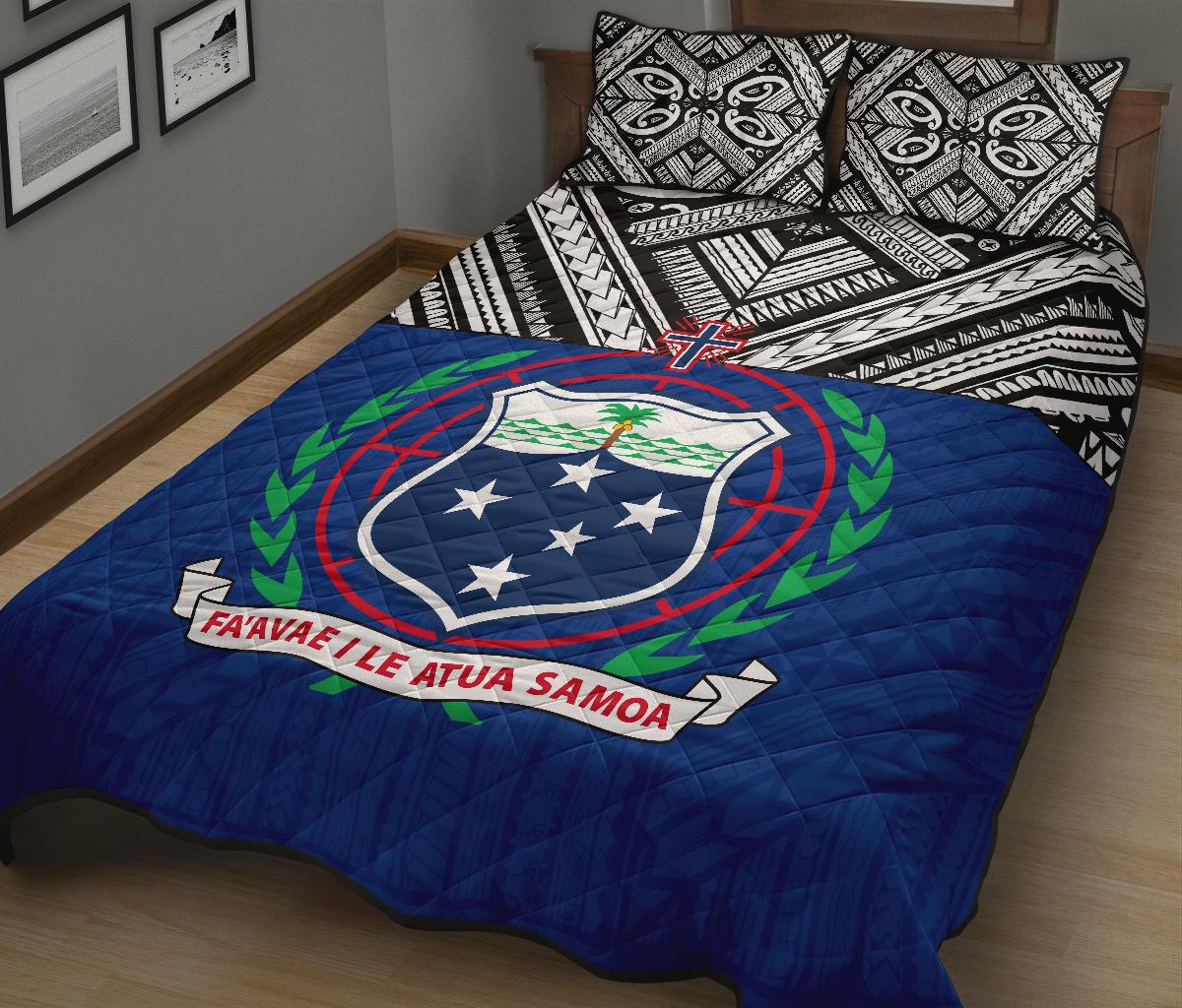 Samoa Polynesian Quilt Bed Set - Samoa Coat Of Arms Blue Version - Polynesian Pride