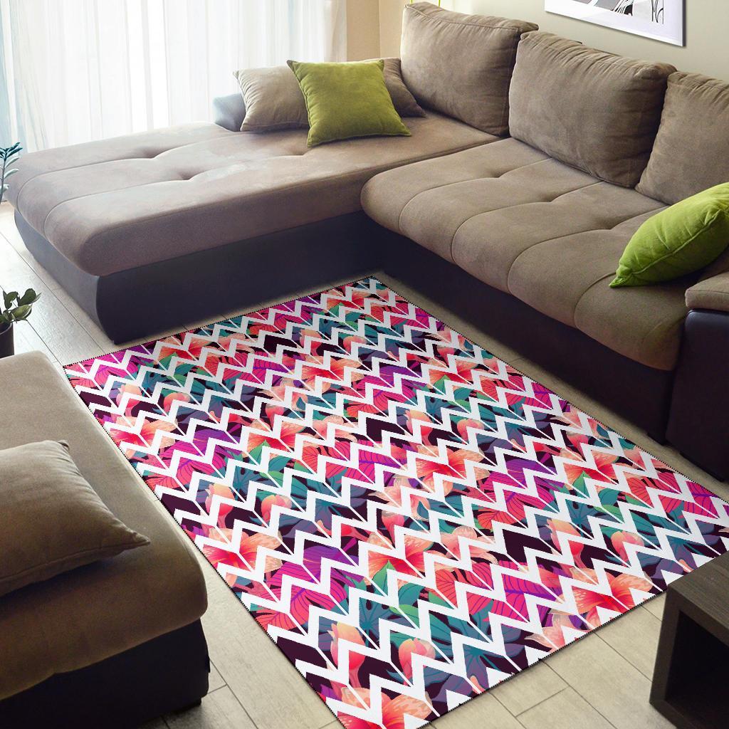 Palm Foliage On Striped Zigzag Rug - Polynesian Pride