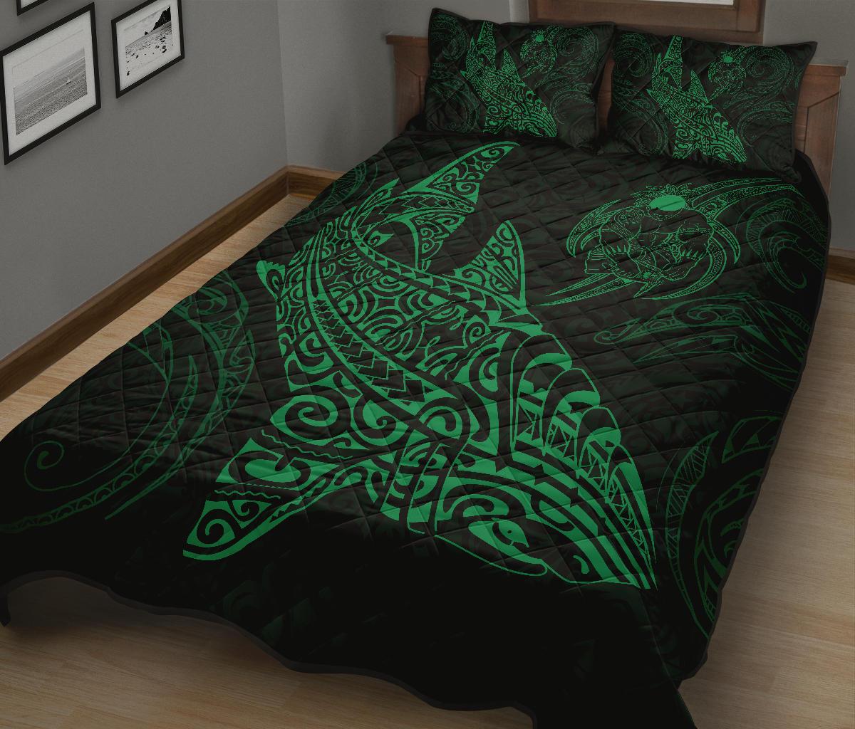 Polynesian Quilt Bed Set - Polynesian Green Shark Warrior Tattoo - Polynesian Pride