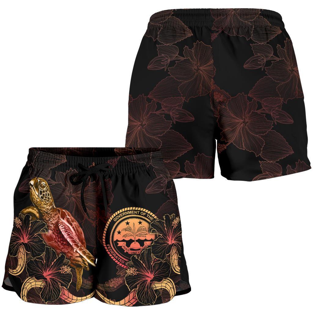 Federated States of Micronesia Polynesian Women's Shorts - Turtle With Blooming Hibiscus Gold - Polynesian Pride