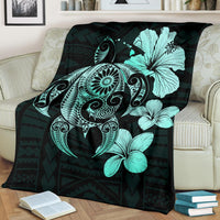 Hibiscus Plumeria Mix Polynesian Turquoise Turtle Premium Blanket - Polynesian Pride
