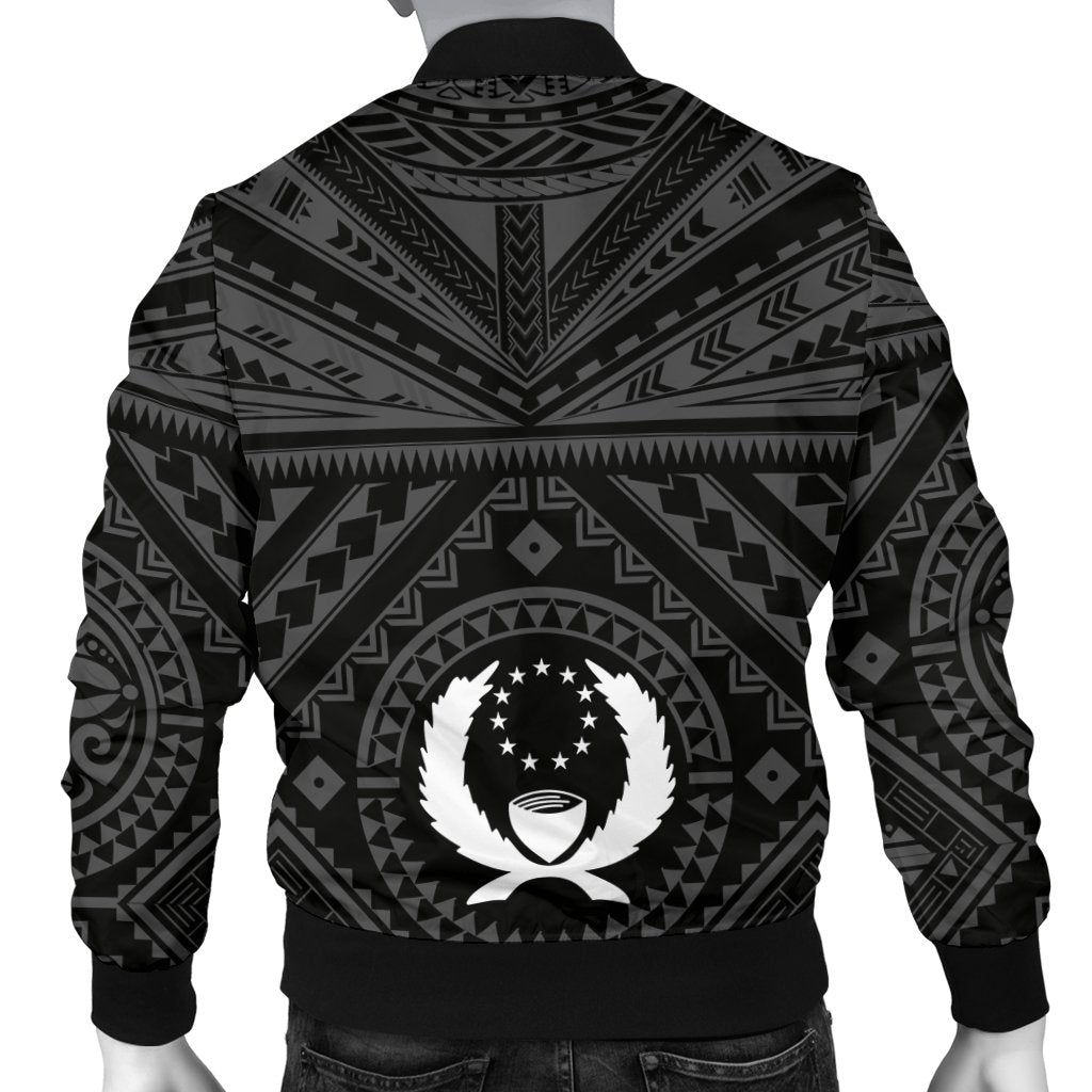 Pohnpei Men's Bomber Jacket - Pohnpei Seal With Polynesian Tattoo Style ( Black) - Polynesian Pride