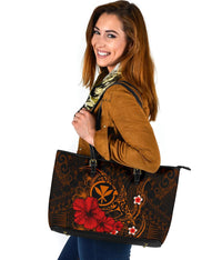 Polynesian Hawaii Kanaka Maoli Leather Tote Bag - Humpback Whale with Hibiscus (Golden) - Polynesian Pride