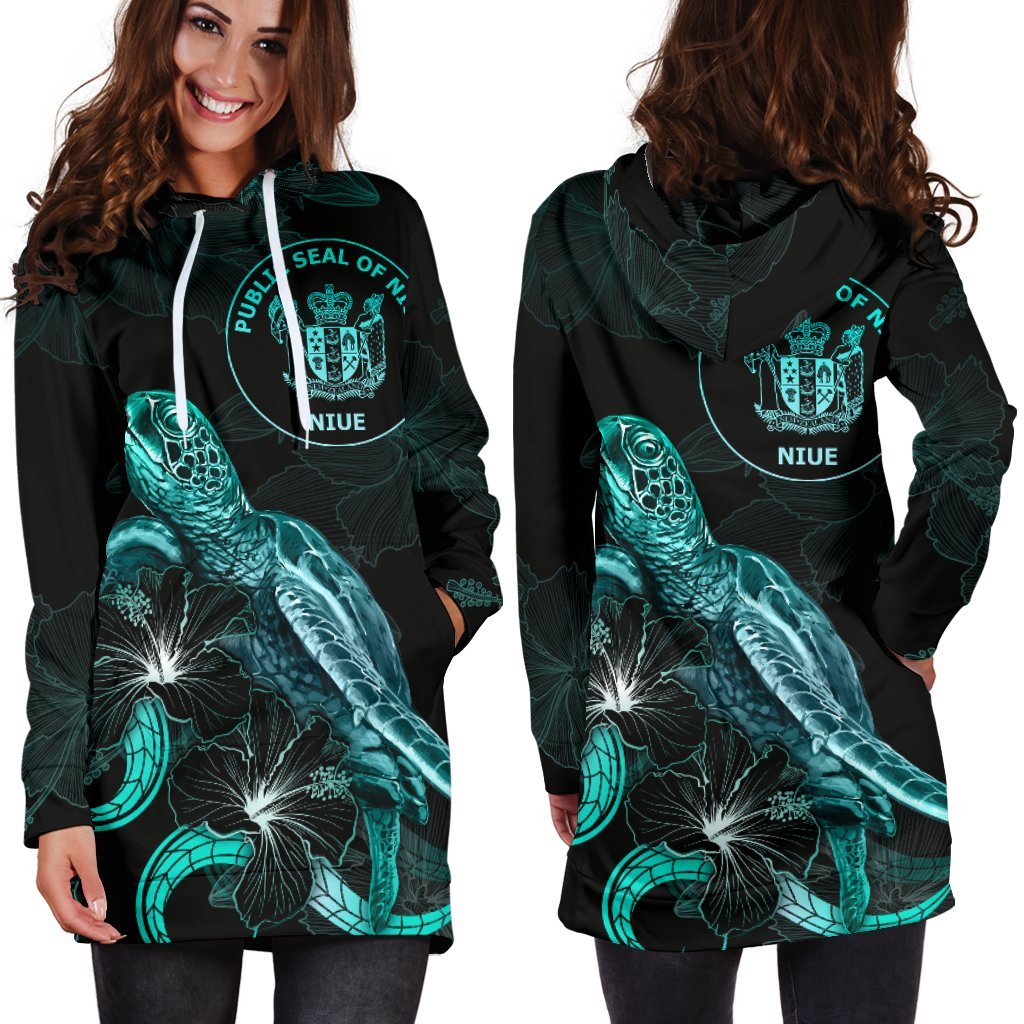 Niue Polynesian Hoodie Dress - Turtle With Blooming Hibiscus Turquoise - Polynesian Pride
