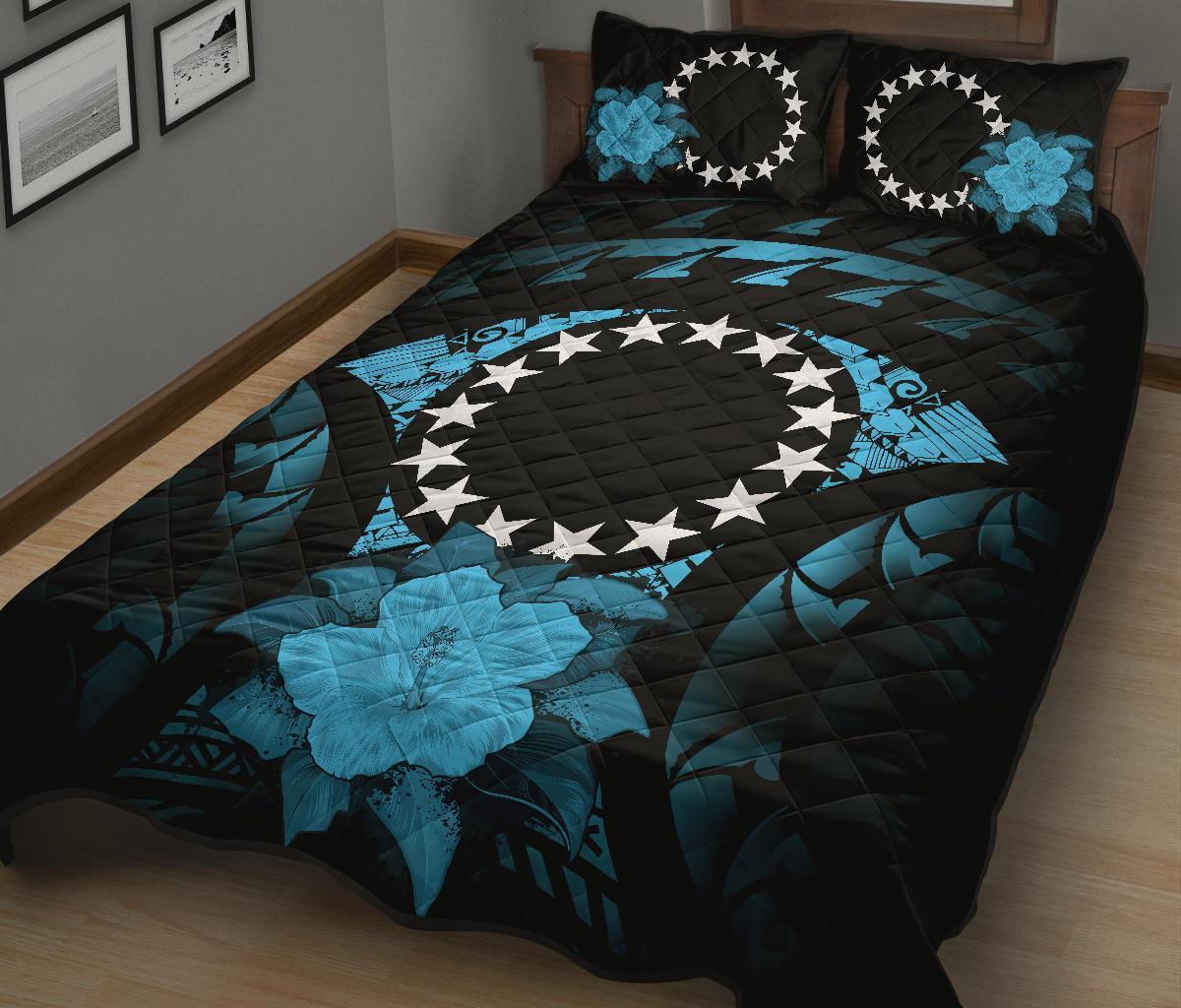 Cook Islands Polynesian Quilt Bed Set Hibiscus Blue - Polynesian Pride
