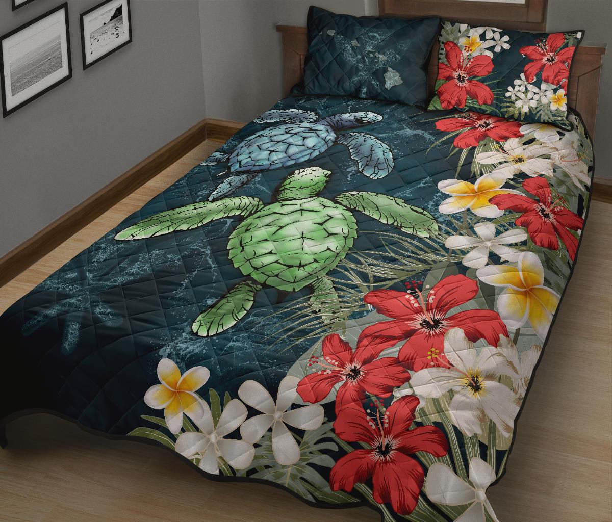 Kanaka Maoli (Hawaiian) Quilt Bed Set - Sea Turtle Tropical Hibiscus And Plumeria - Polynesian Pride