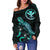 Hawaii Polynesian Women's Off Shoulder Sweater - Turtle With Blooming Hibiscus Turquoise - Polynesian Pride