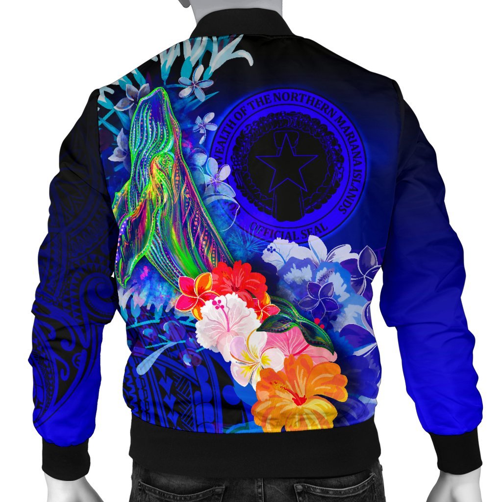 CNMI Men's Bomber Jacket - Humpback Whale with Tropical Flowers (Blue) - Polynesian Pride