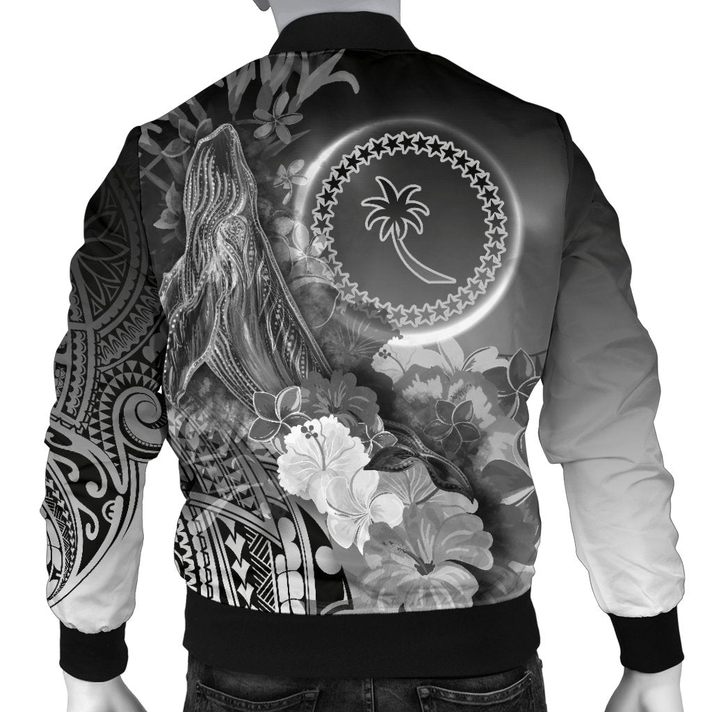 Chuuk Men's Bomber Jacket - Humpback Whale with Tropical Flowers (White) - Polynesian Pride