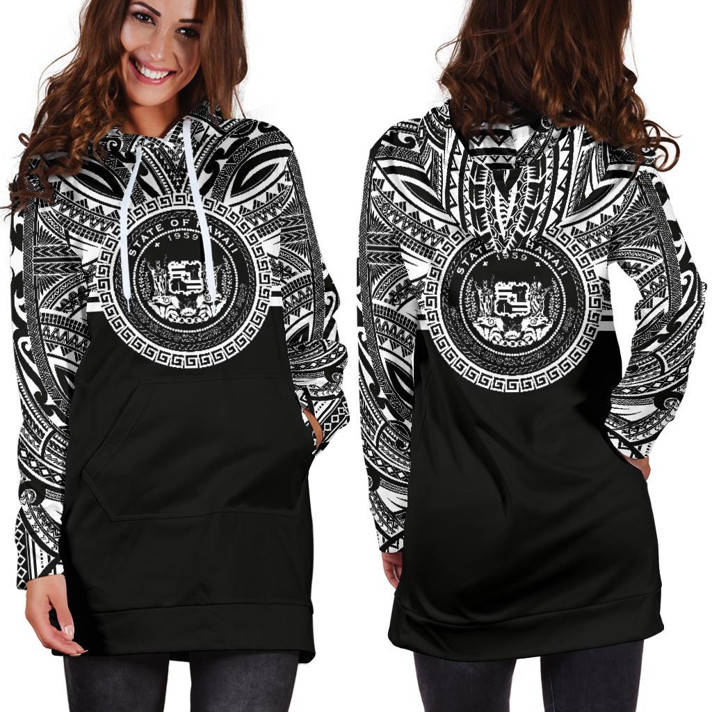 Hawaii Women Hoodie Dress - Hawaii Coat Of Arms Polynesian Black Color - Polynesian Pride