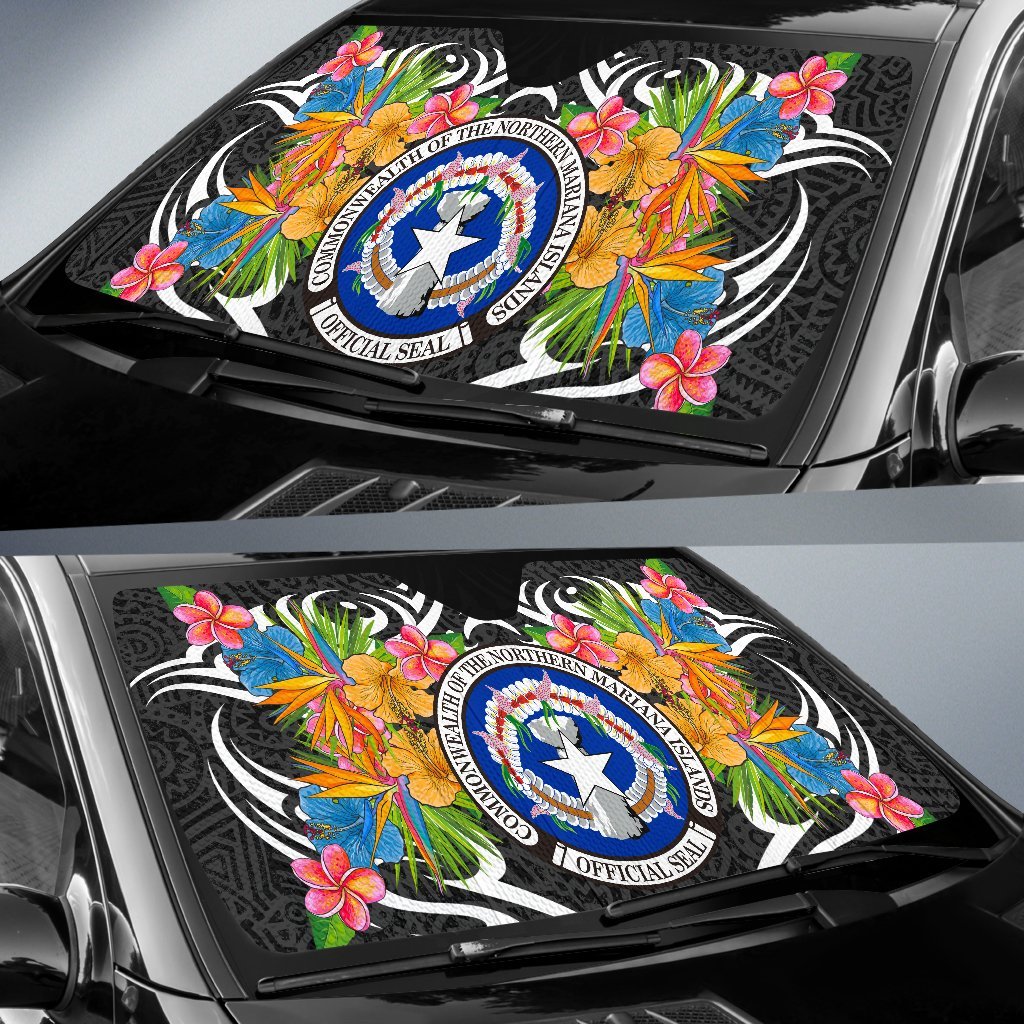 Northern Mariana Islands Auto Sun Shades - Coat Of Arms With Tropical Flowers - Polynesian Pride