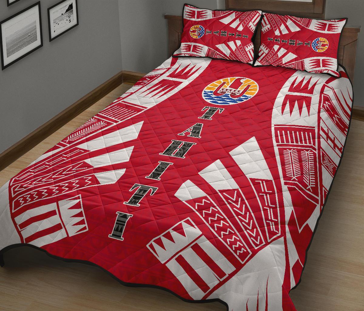 Tahiti Polynesian Quilt Bed Set - Tahiti Flag Red Tattoo - Polynesian Pride