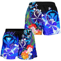 Polynesian Hawaii Women's Shorts - Kanaka Maoli Humpback Whale with Tropical Flowers (Blue) - Polynesian Pride