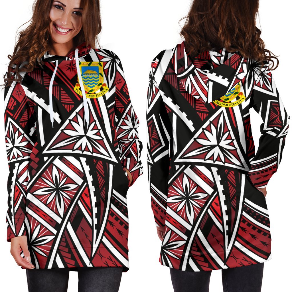 Tuvalu Women's Hoodie Dress - Tribal Flower Special Pattern Red Color Red - Polynesian Pride