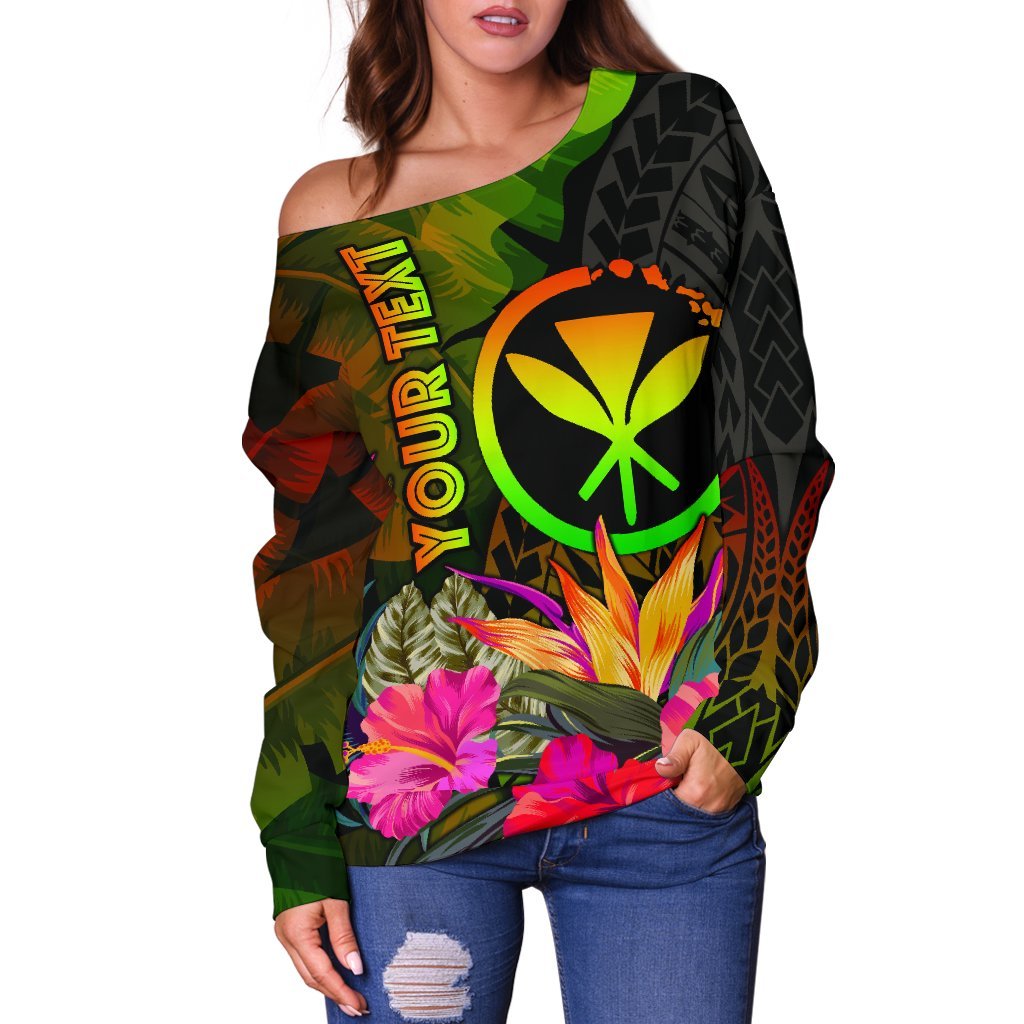 Polynesian Hawaii Kanaka Maoli Polynesian Personalised Women's Off Shoulder Sweater - Hibiscus and Banana Leaves - Polynesian Pride