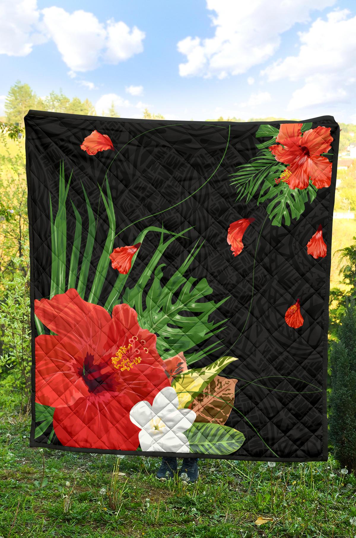 Hawaii Hibiscus Polynesian Premium Quilt Black - Polynesian Pride