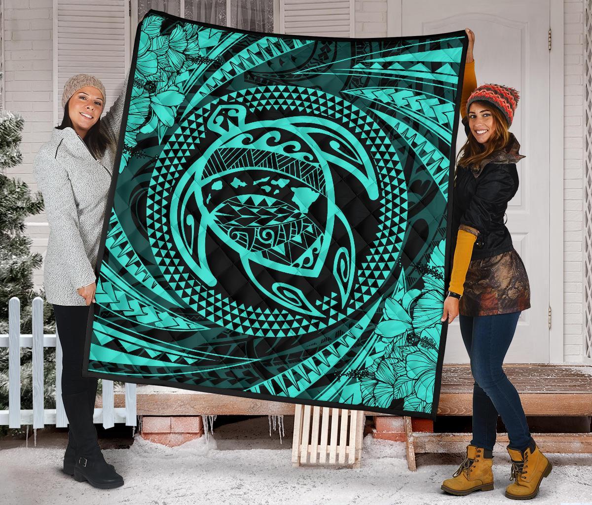 Hawaiian Kanaka Honu Hibiscus Tornando Turquoise Polynesian Premium Quilt - Polynesian Pride