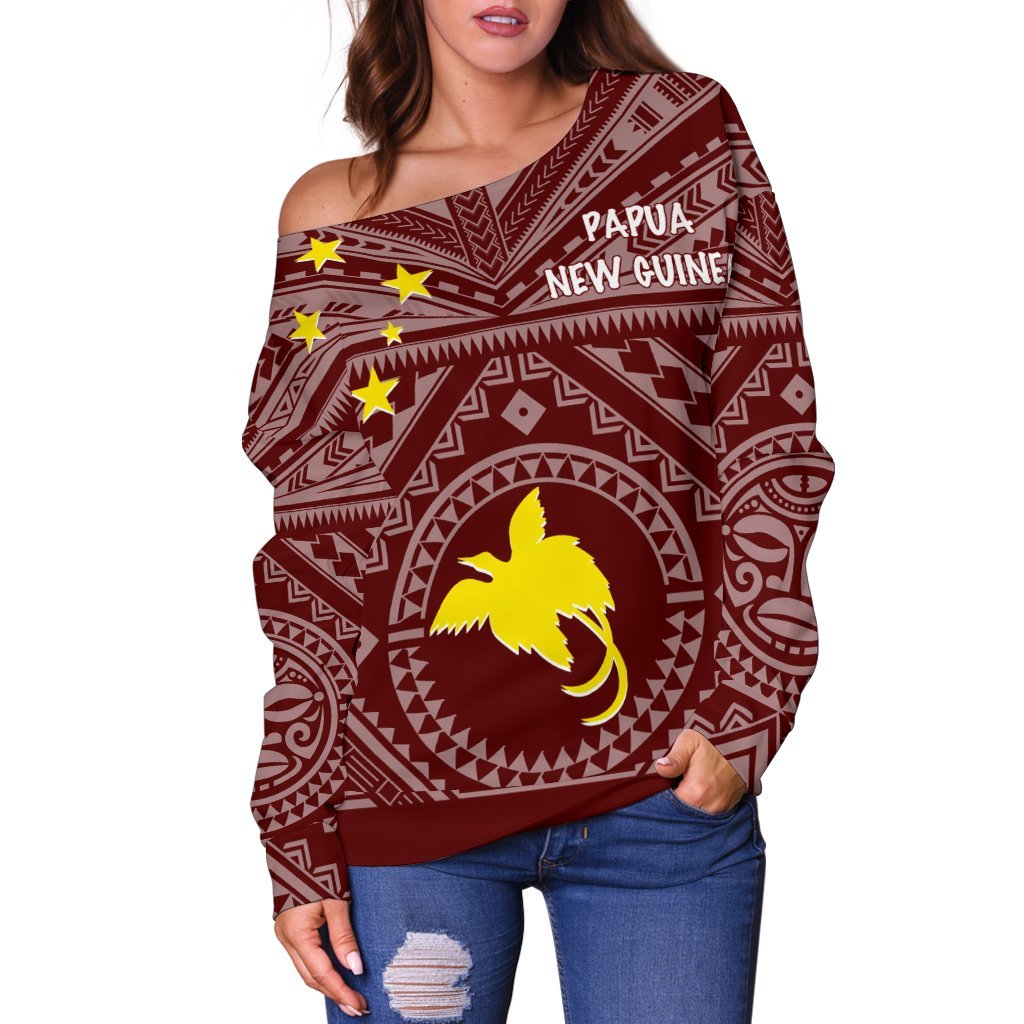Papua New Guinea Women's Off Shoulder Sweater - Flag With Polynesian Patterns (Red) - Polynesian Pride
