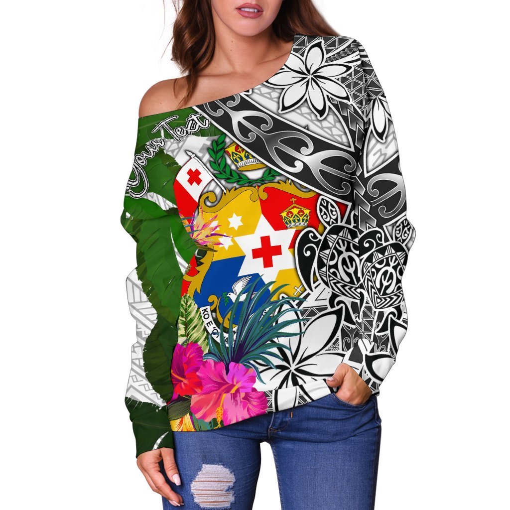 Tonga Custom Personalised Women's Off Shoulder Sweater White - Turtle Plumeria Banana Leaf - Polynesian Pride
