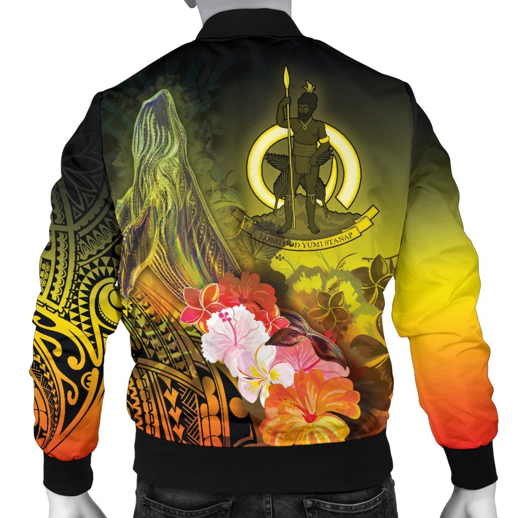 Vanuatu Men's Bomber Jacket - Humpback Whale with Tropical Flowers (Yellow) - Polynesian Pride