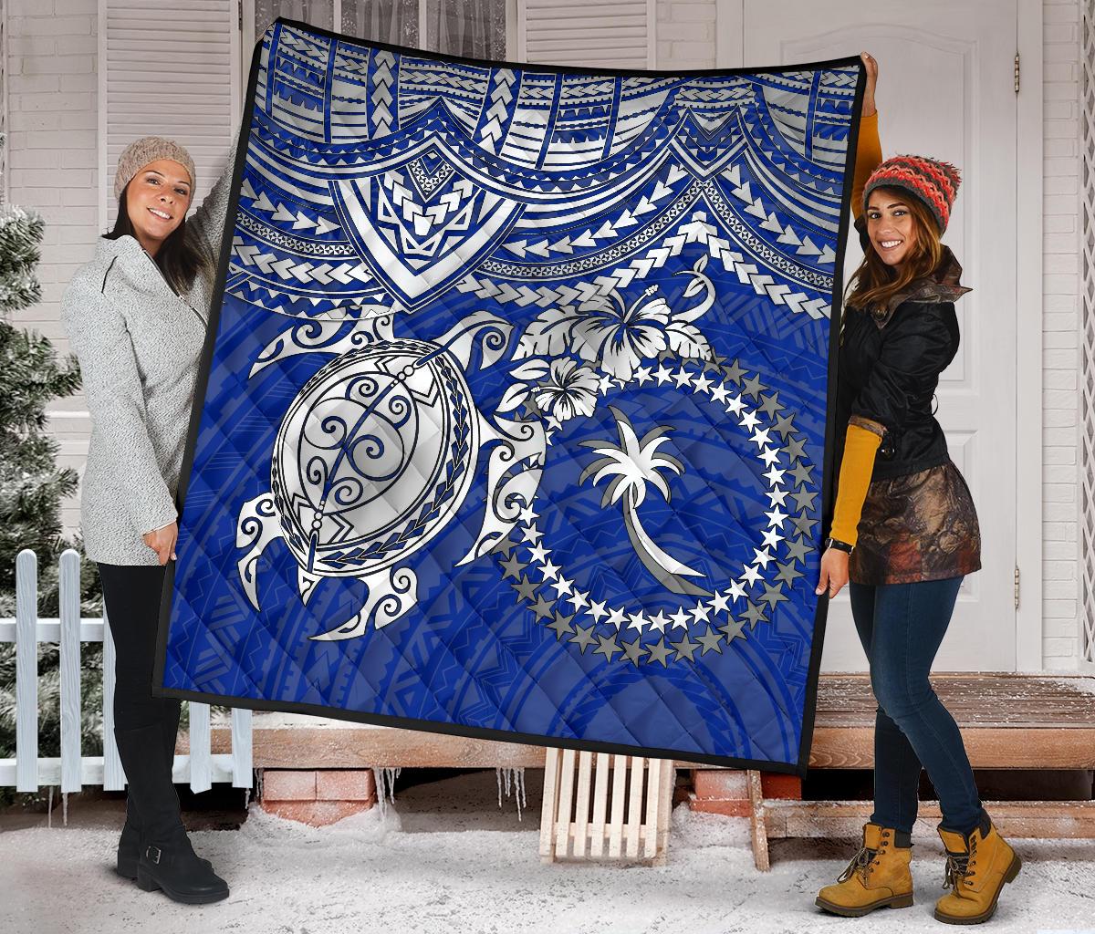 Chuuk Polynesian Premium Quilt - Chuuk Flag & White Turtle Hibiscus (Blue) - Polynesian Pride