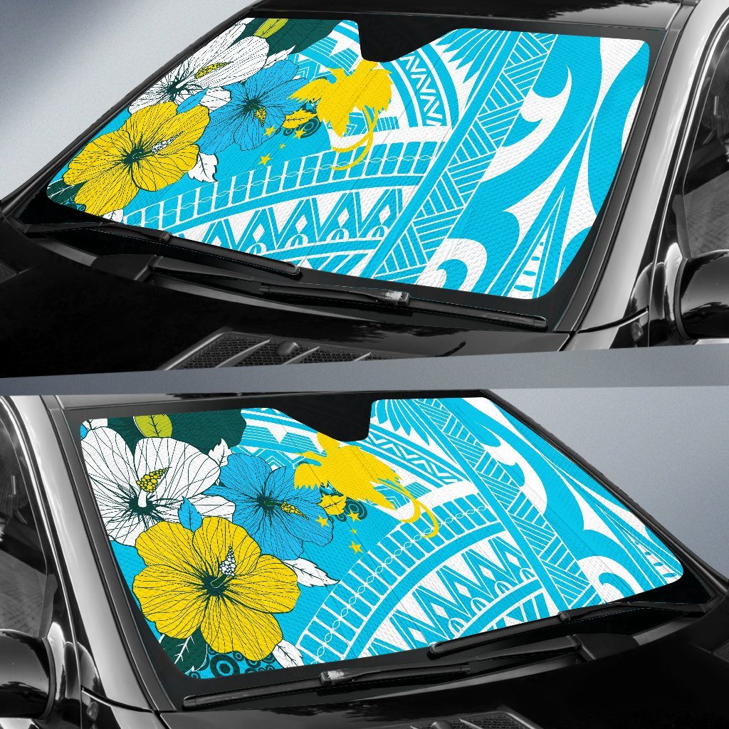 Papua New Guinea Auto Sun Shades - Polynesian Pattern Aquamarine Stone Color - Polynesian Pride