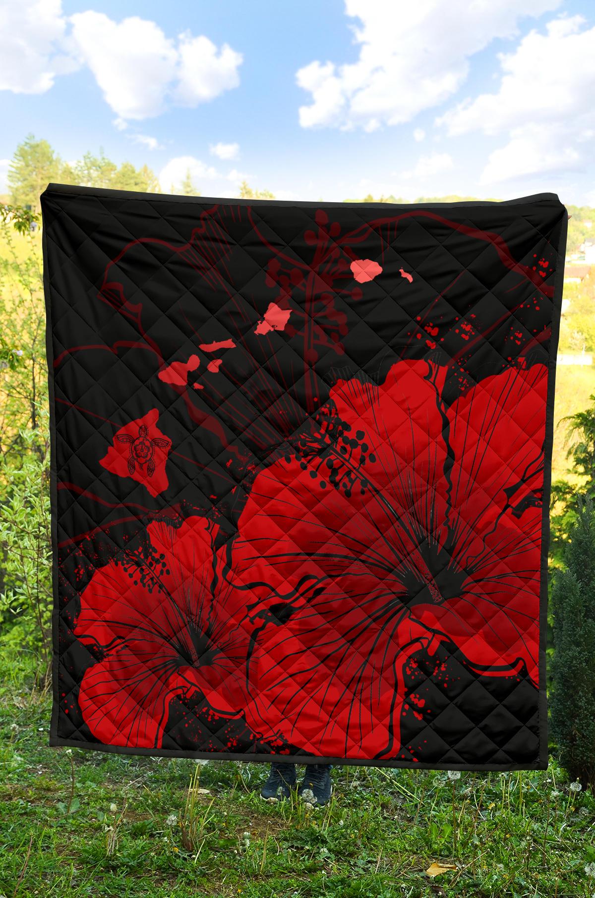 Hawaii Hibiscus Black And Red Premium Quilt Black And Red - Polynesian Pride