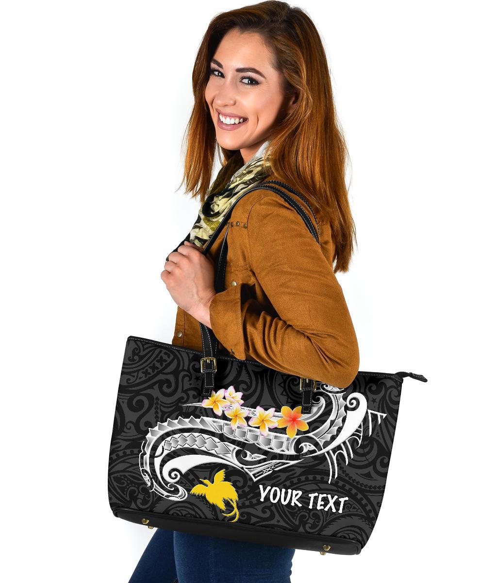 Papua New Guinea Custom Personalised Large Leather Totes - PNG Seal Polynesian Patterns Plumeria (Black) - Polynesian Pride