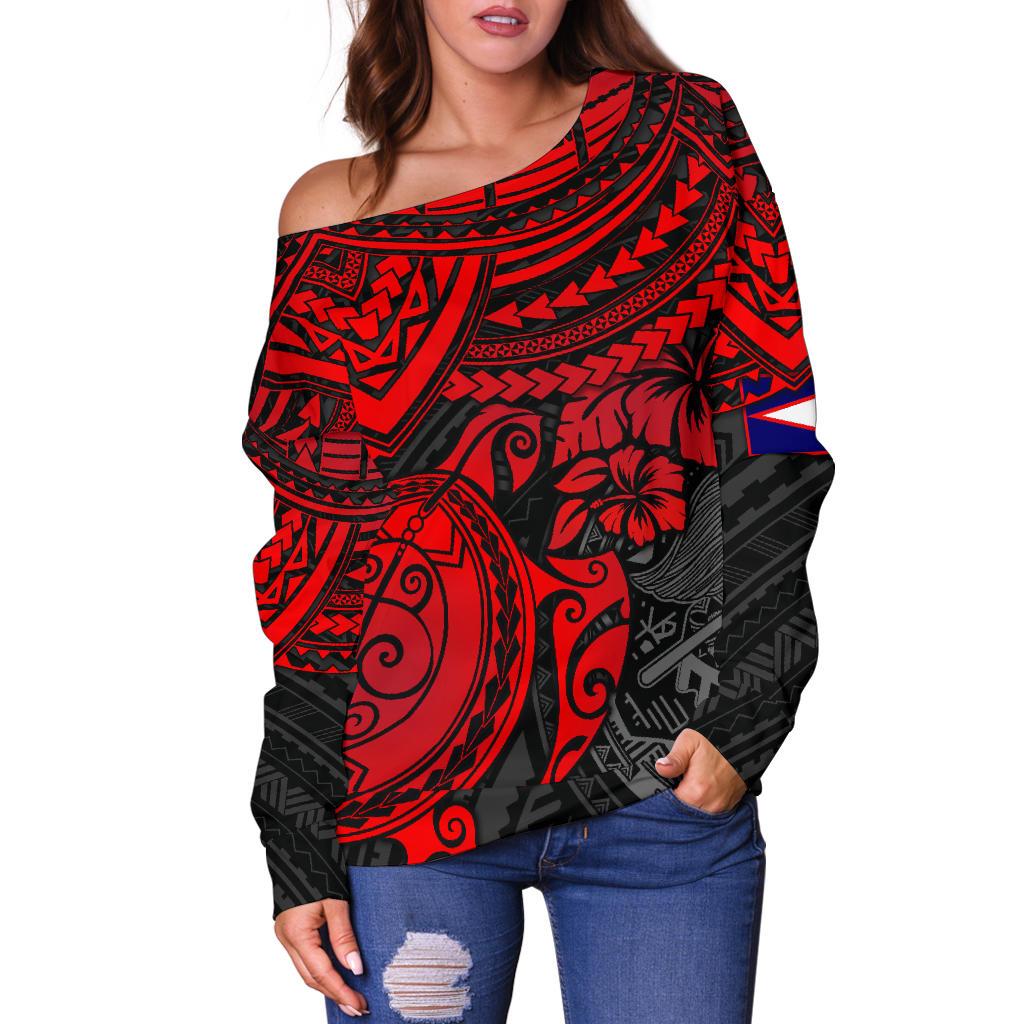 American Samoa Polynesian Women's Off Shoulder Sweater - Red Turtle - Polynesian Pride