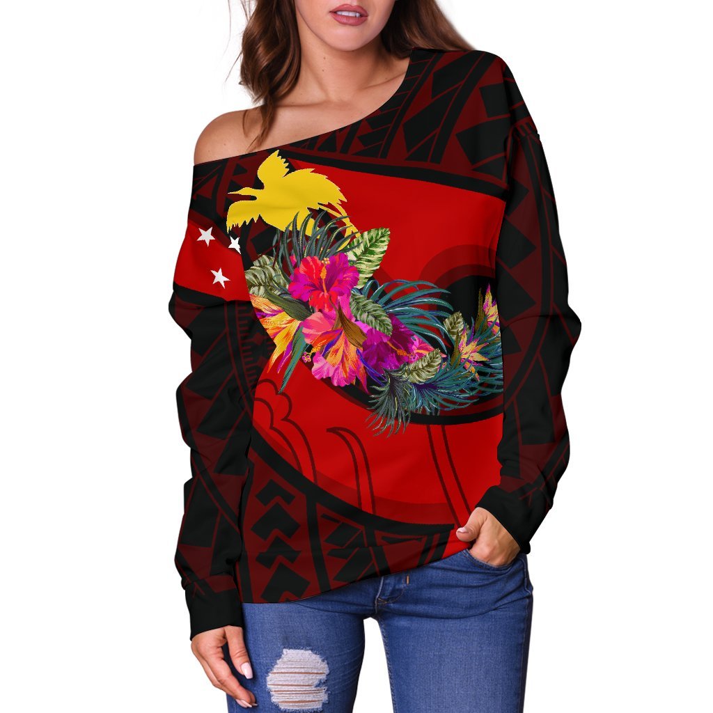 Papua New Guinea Women's Off Shoulder Sweater - Polynesian Hook And Hibiscus (Red) - Polynesian Pride