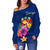 Tonga Polynesian Women's Off Shoulder Sweater - Floral With Seal Blue - Polynesian Pride