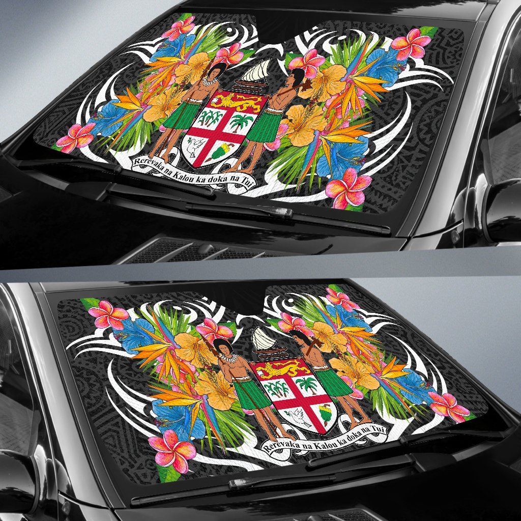 Fiji Auto Sun Shades - Coat Of Arms With Tropical Flowers - Polynesian Pride