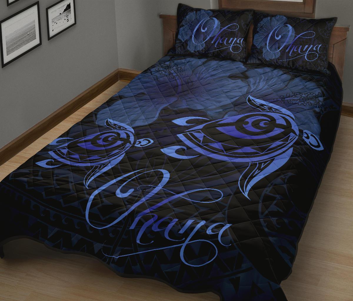 Hawaii Turtle Ohana Hibiscus Poly Quilt Bed Set Blue - Polynesian Pride