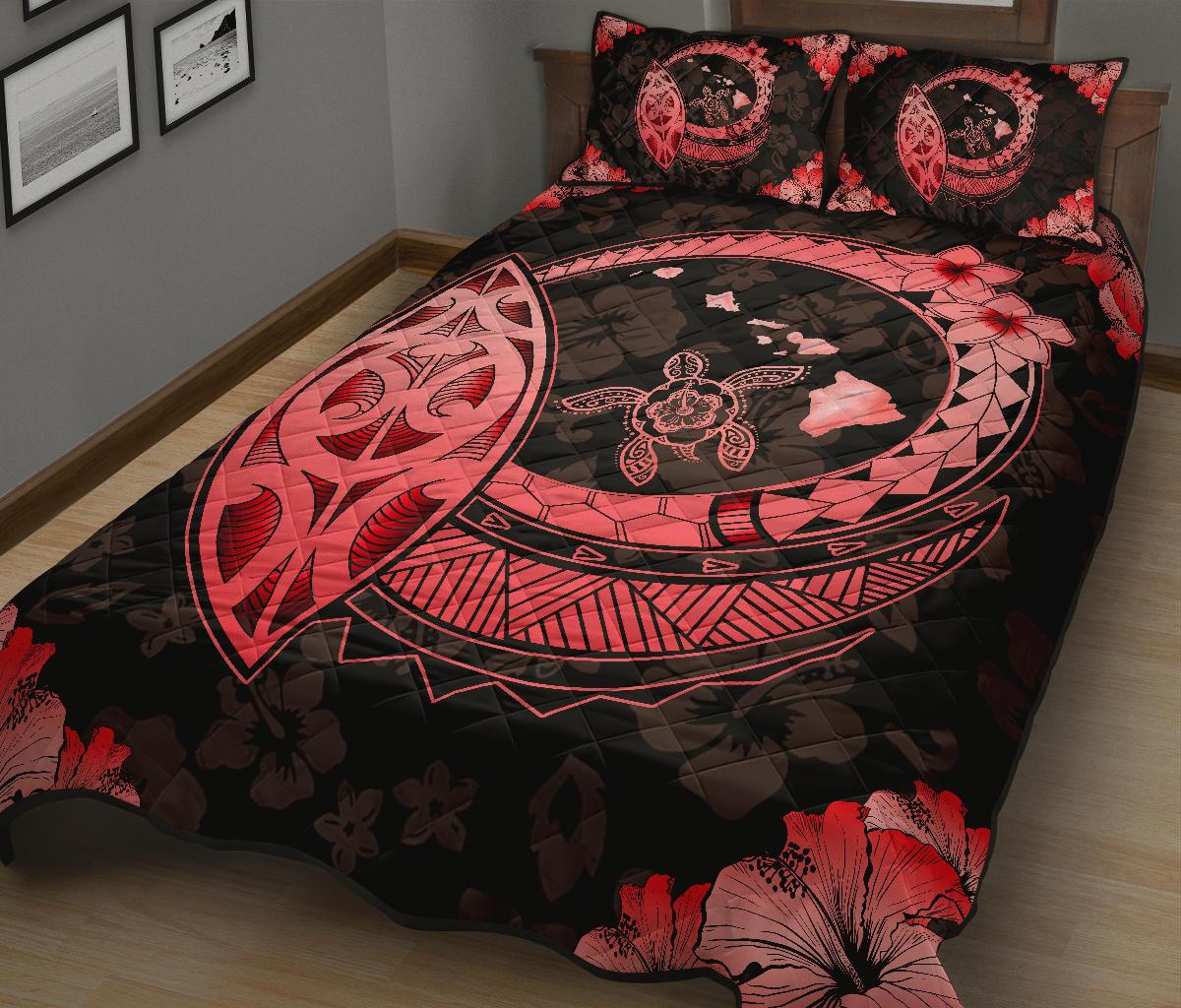 Hawaii Quilt Bed Set - Hawaii Hibiscus Map Polynesian Quilt Bed Set Red - Polynesian Pride