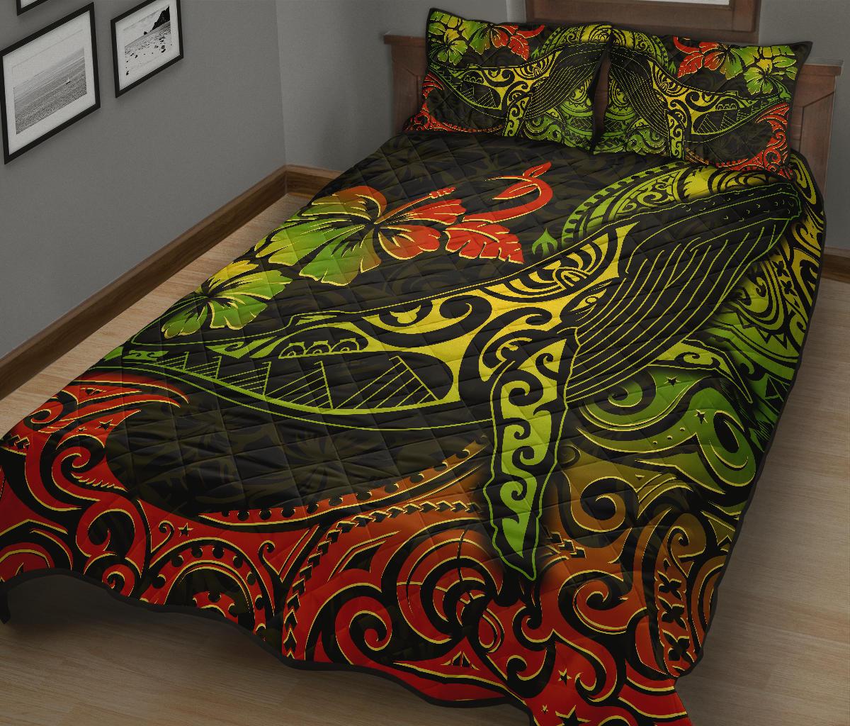 Hawaii Polynesian Quilt Bed Set - Hibiscus Humpback Whale - Polynesian Pride