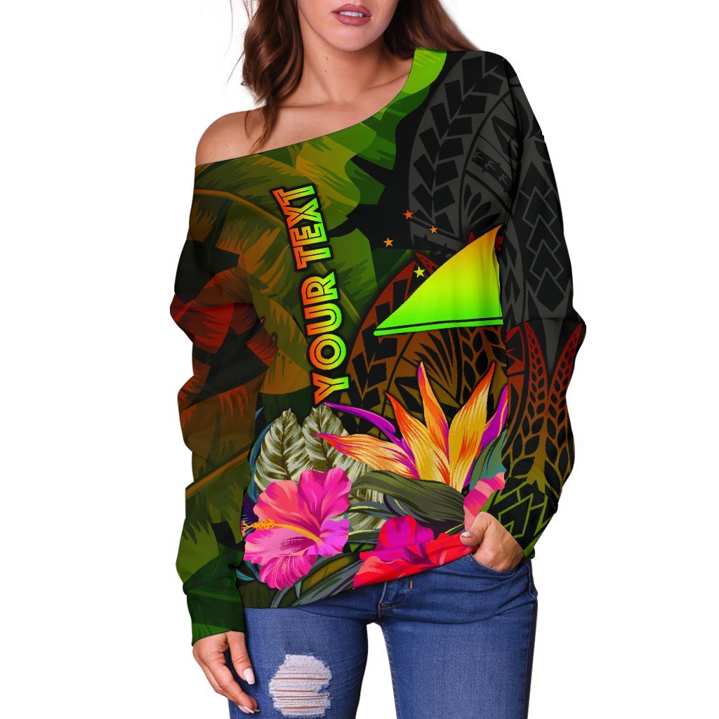 Tokelau Polynesian Personalised Women's Off Shoulder Sweater - Hibiscus and Banana Leaves - Polynesian Pride