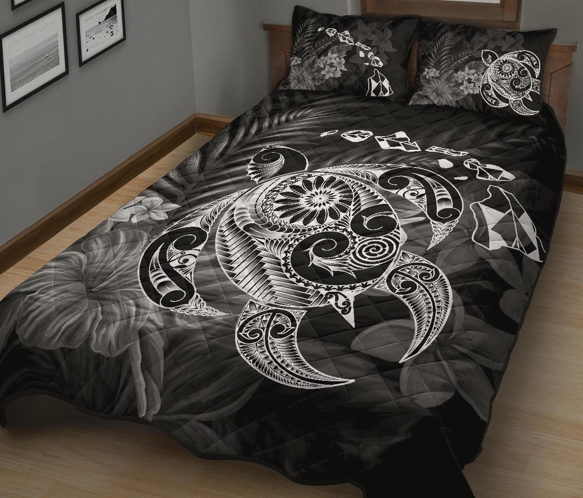 Hawaii Turtle Map Hibiscus Polynesian White Quilt Bed Set - Polynesian Pride