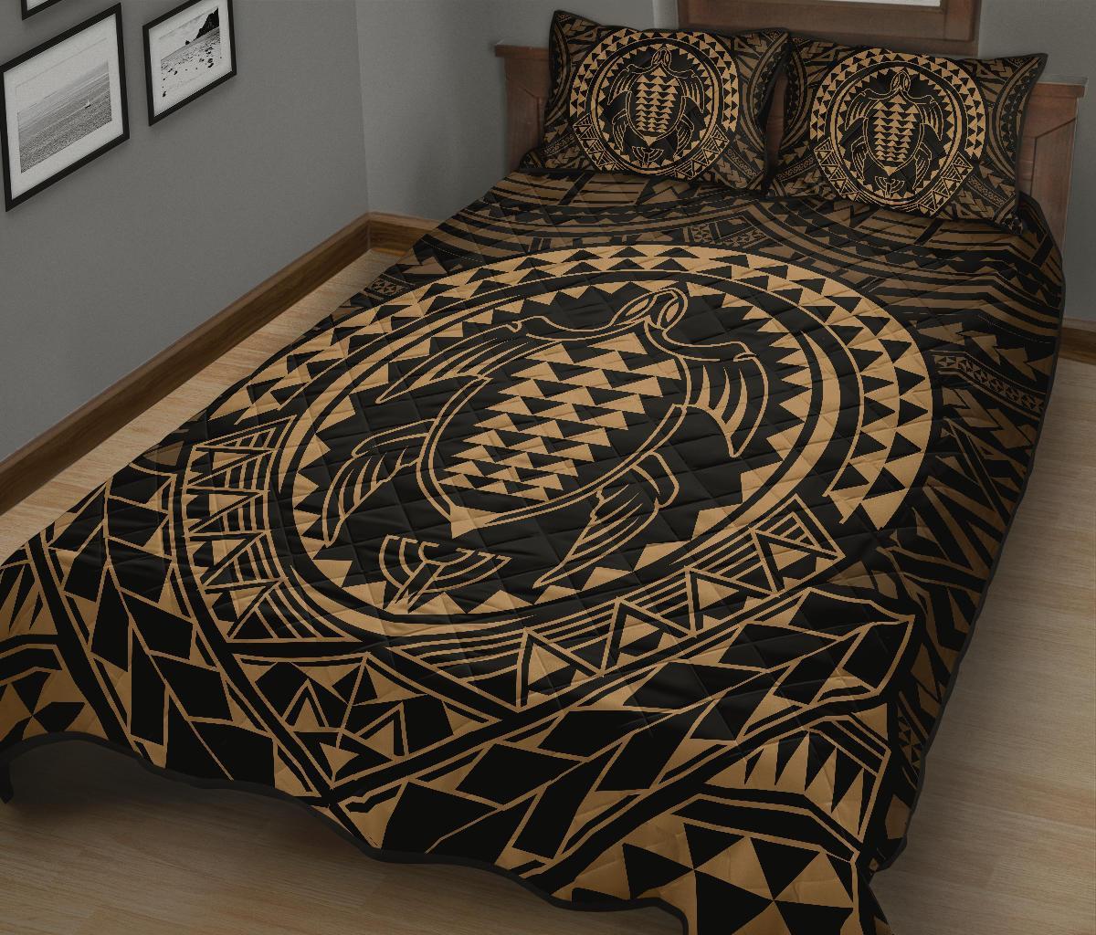 Hawaiian Kakau Honu Arc Gold Polynesian Quilt Bed Set - Polynesian Pride