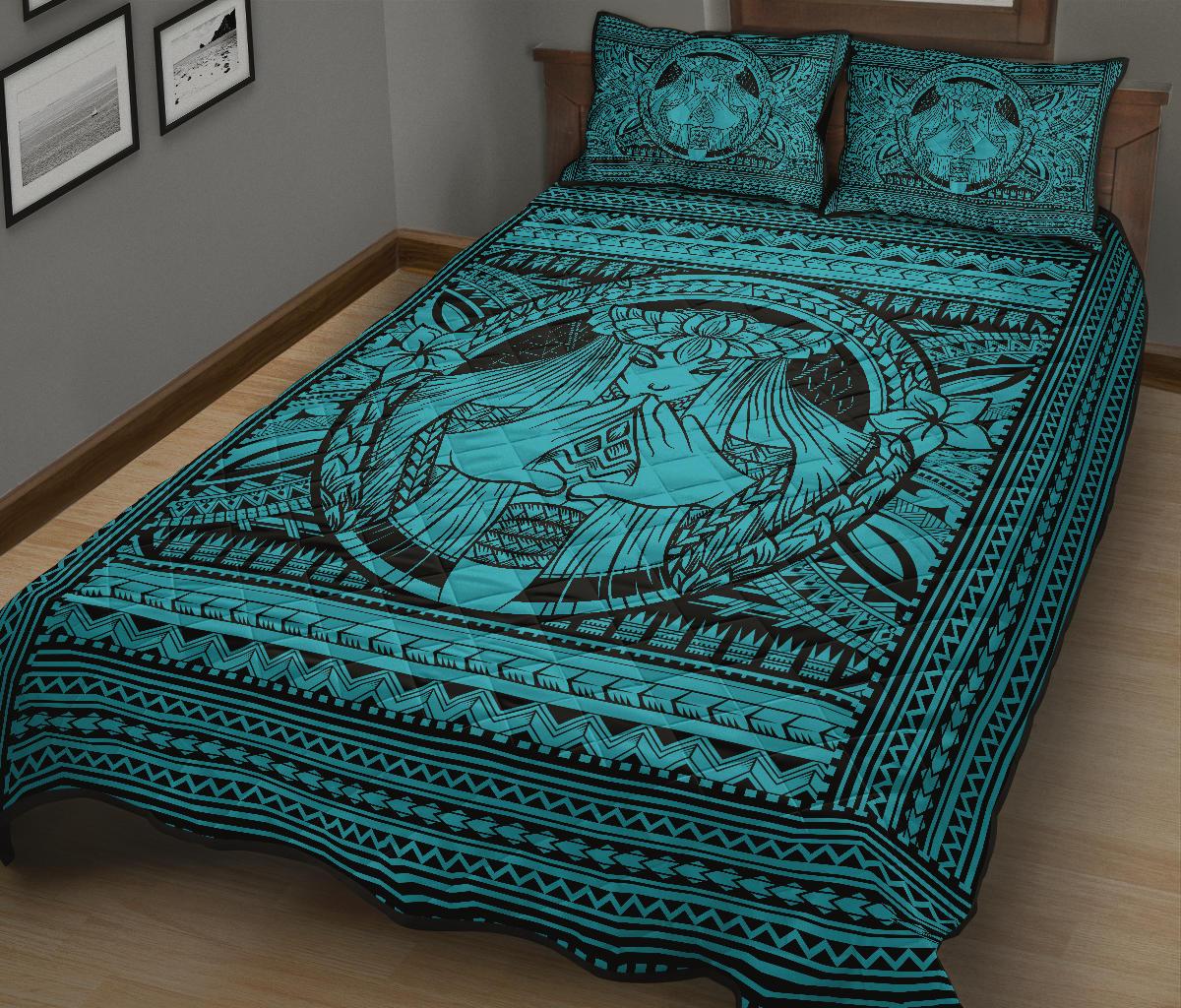 Hawaii Polynesian Pele Mauna Kea Quilt Bed Set Blue - Polynesian Pride