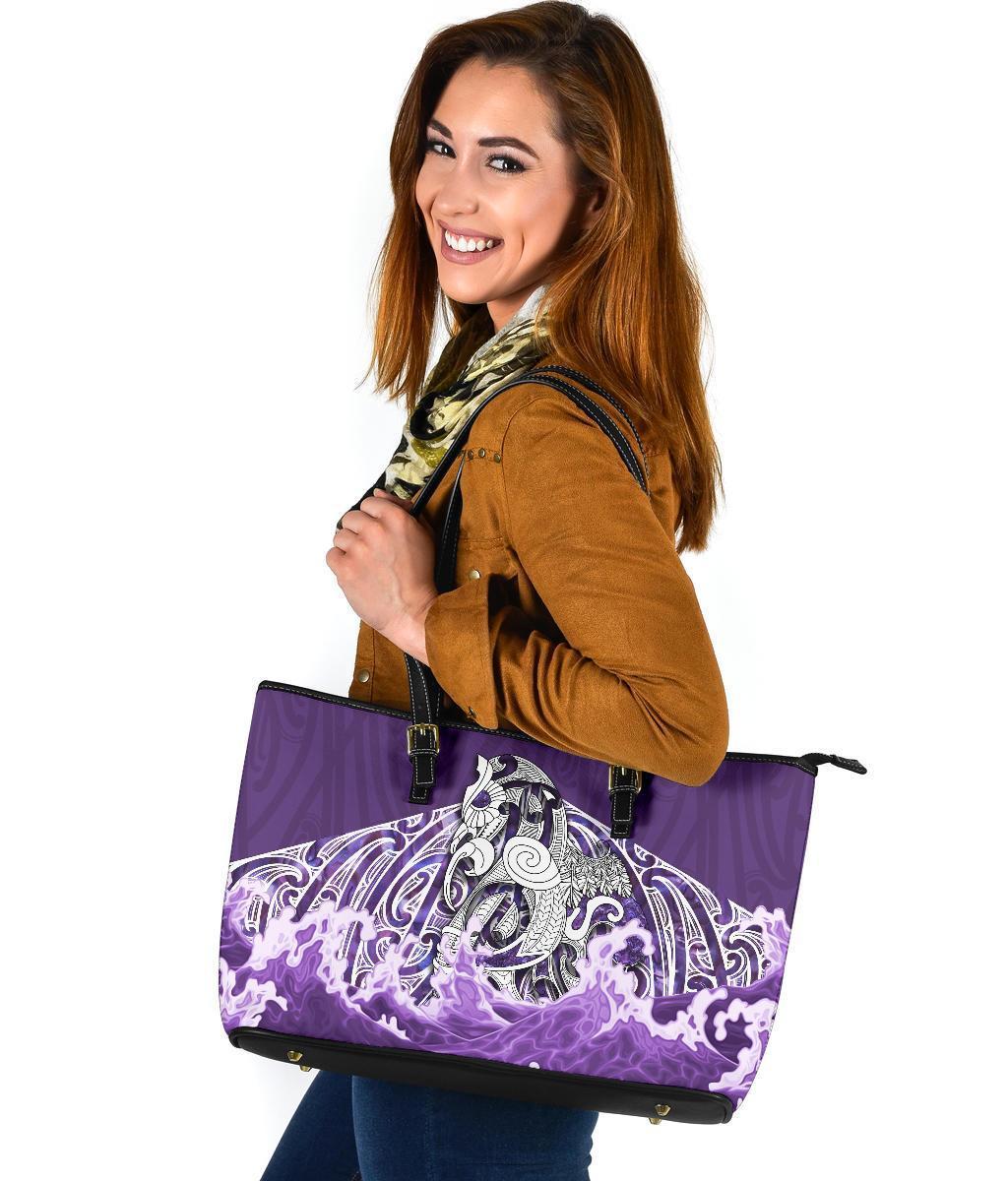 Maori Manaia The Blue Sea Large Leather Tote, Purple - Polynesian Pride