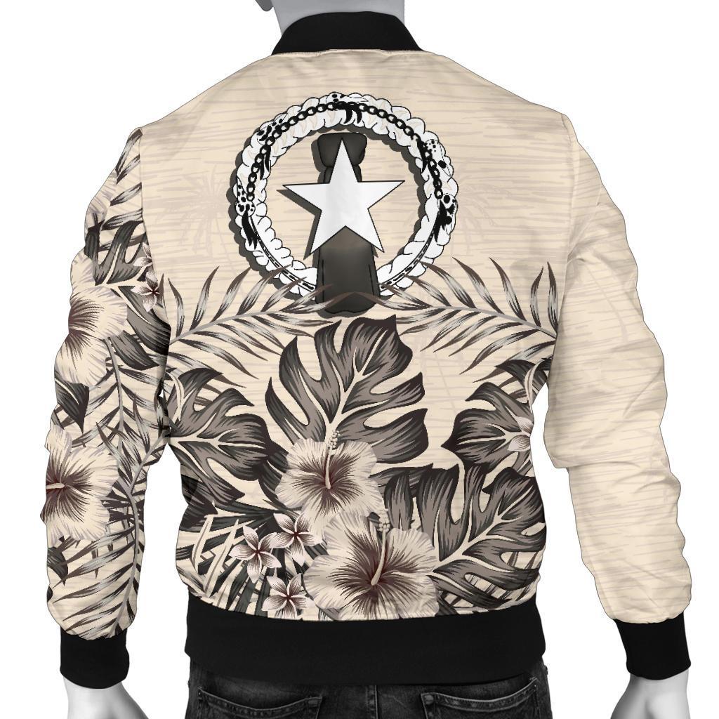 Northern Mariana Islands Men's Bomber Jacket - The Beige Hibiscus - Polynesian Pride
