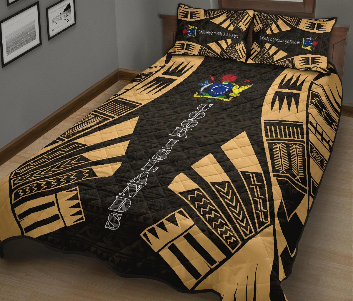 Cook Islands Quilt Bed Set - Cook Islands Coat Of Arms & Polynesian Yellow Tattoo Style - Polynesian Pride