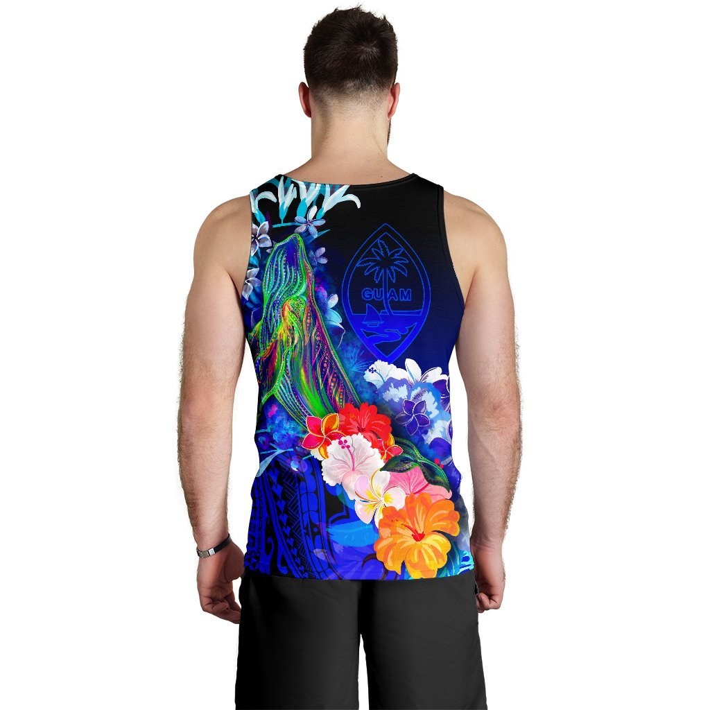 Guam Men's Tank Top - Humpback Whale with Tropical Flowers (Blue) - Polynesian Pride