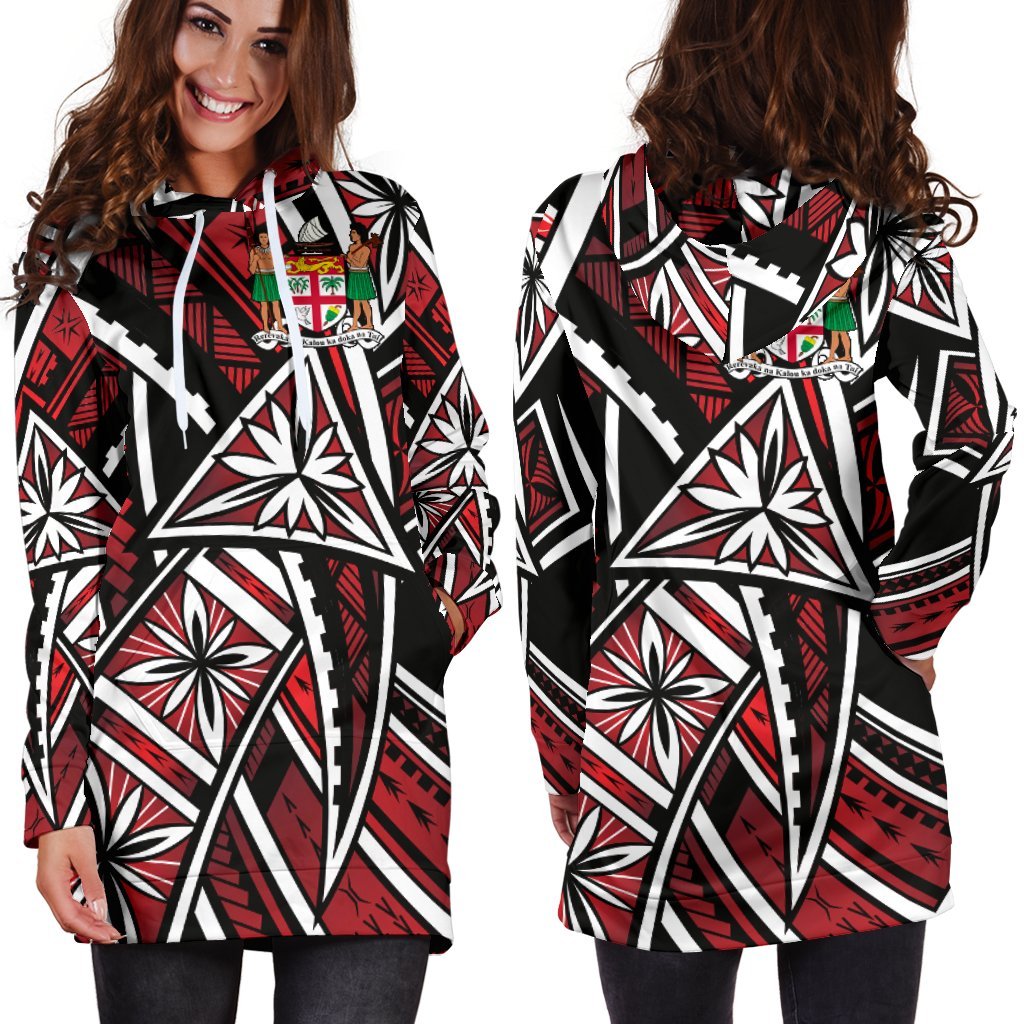 Fiji Women's Hoodie Dress - Tribal Flower Special Pattern Red Color Red - Polynesian Pride