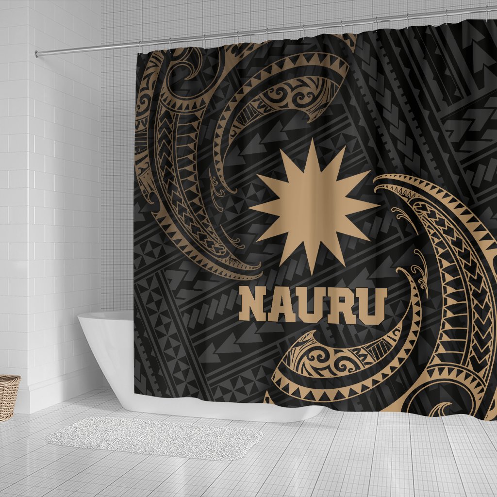 Nauru Polynesian Shower Curtain - Gold Tribal Wave 177 x 172 (cm) Black - Polynesian Pride