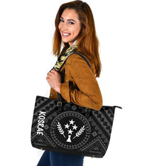 Kosrae Leather Tote Bag - Kosrae Flag In Polynesian Tattoo Style (Black) - Polynesian Pride